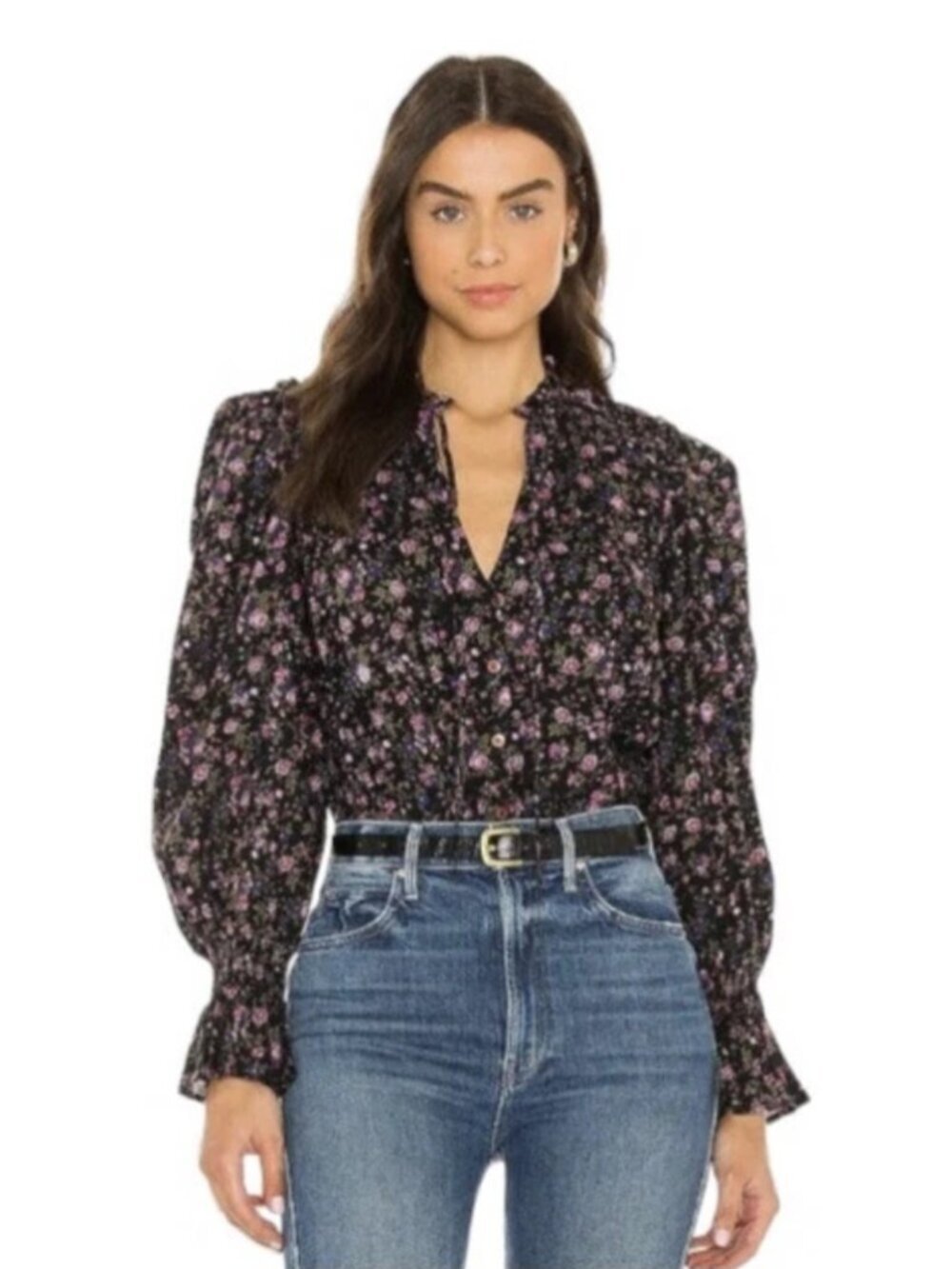 Free People “Meant to Be” Floral Blouse Long Puff sleeves Black Purple floral XS